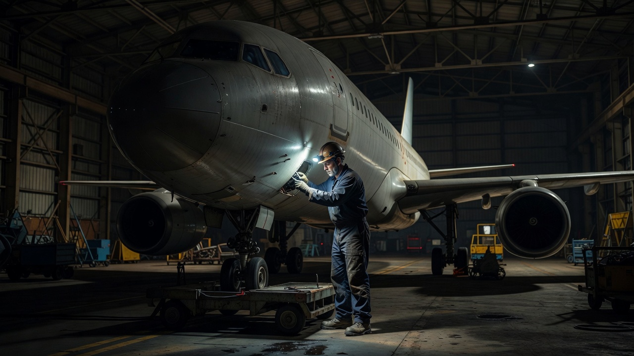Maintenance specialist examining an aircraft surface under hangar lighting