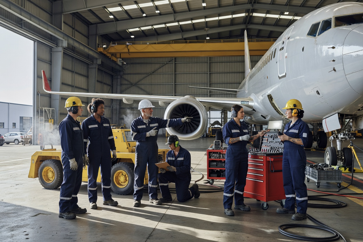 Hangar team coordinating work beside an aircraft and support equipment