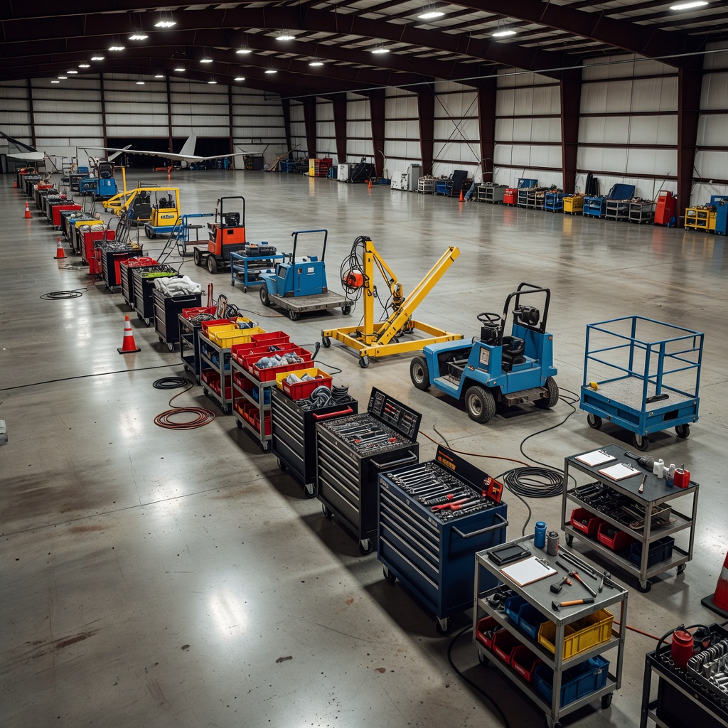 Ground support equipment organized near an aircraft maintenance work area