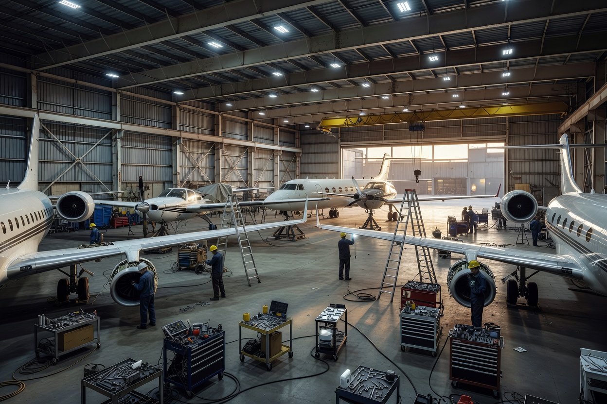Wide interior view of a working aircraft hangar with aircraft and maintenance equipment